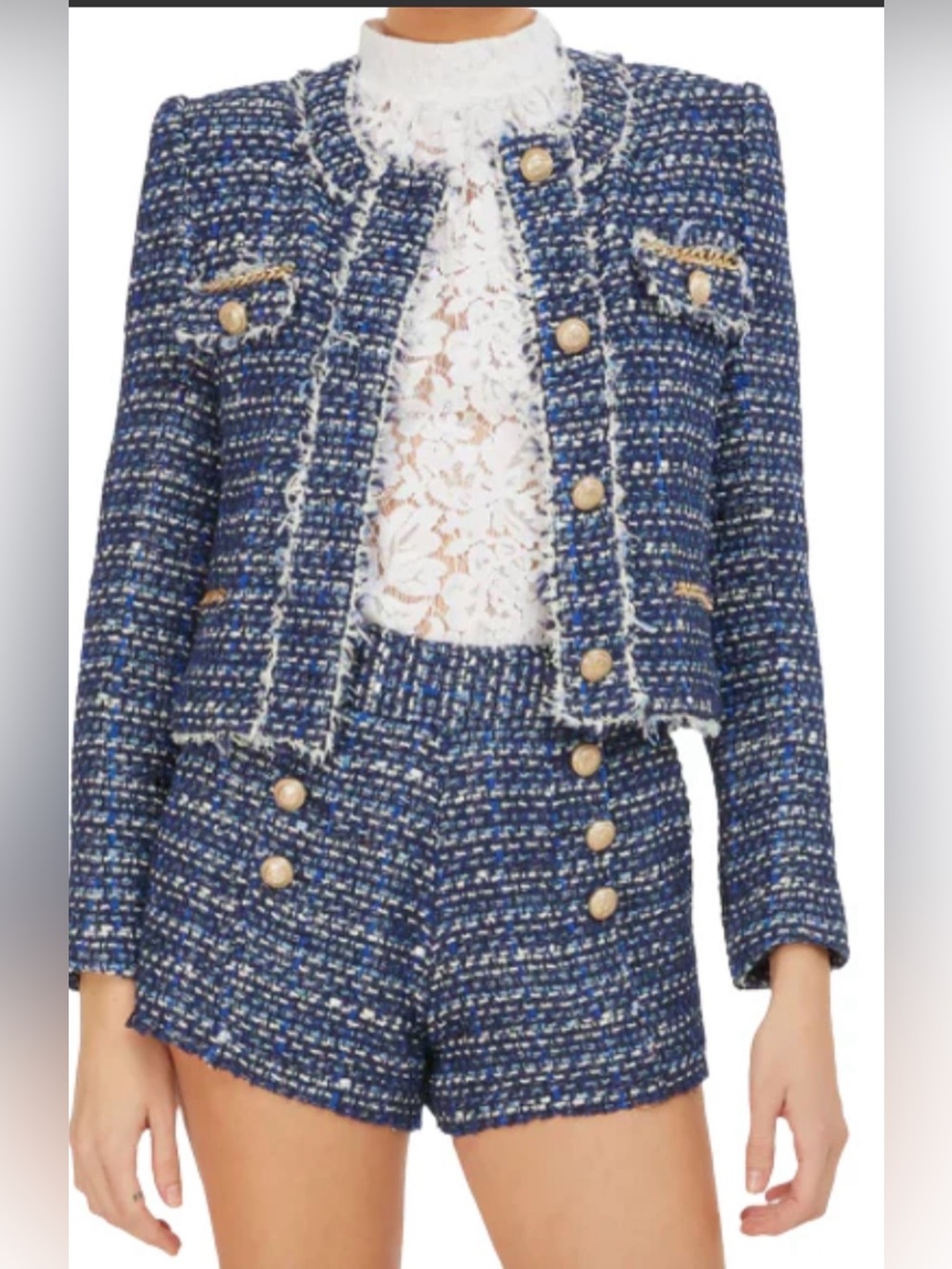 Generation Love Blue Tweed 2 Piece Set Jacket & Shorts Metallic Fringe Size L/10